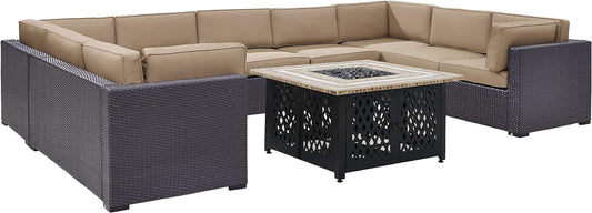 Biscayne 6-Piece Outdoor Wicker Seating Set with Fire Table and Mocha Cushions